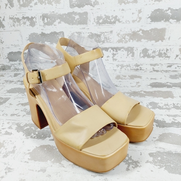New NINE WEST Openit 9 Beige Vegan Platform Sandal D1041 - Picture 4 of 15